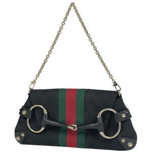 Gucci Horsebit Chain Handbag Sherry Web Shoulder Bag GG Canvas Black